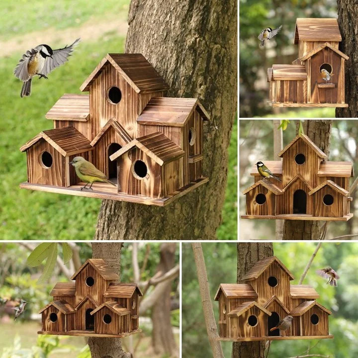 AviaryHaven – Håndlavet rustikt fuglehus i træ med seks indgange og naturlig finish
