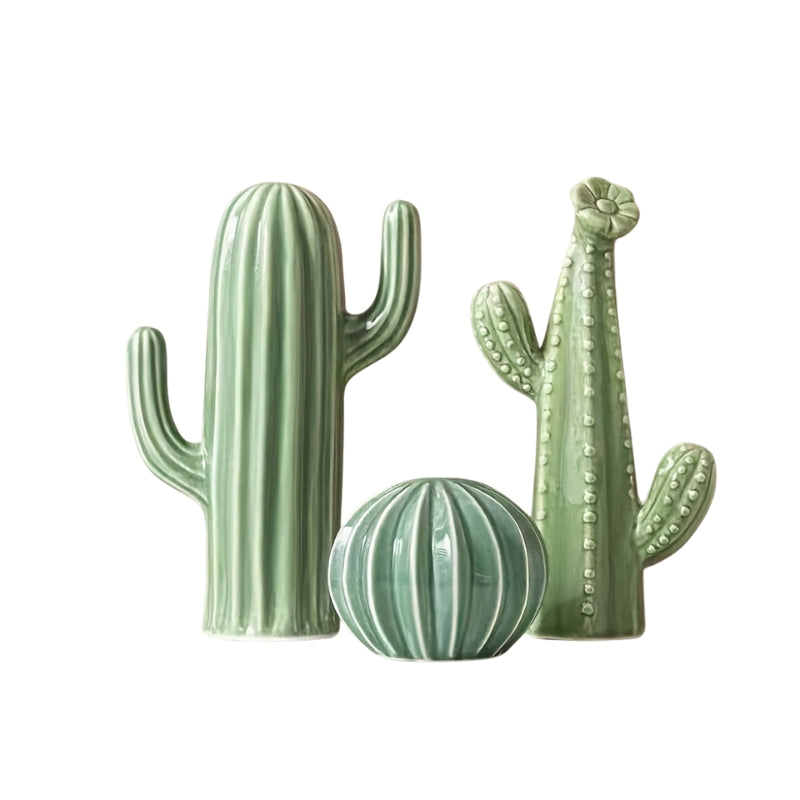 DesertBloom – Sæt med 3 keramiske kaktusornamenter til moderne indretning