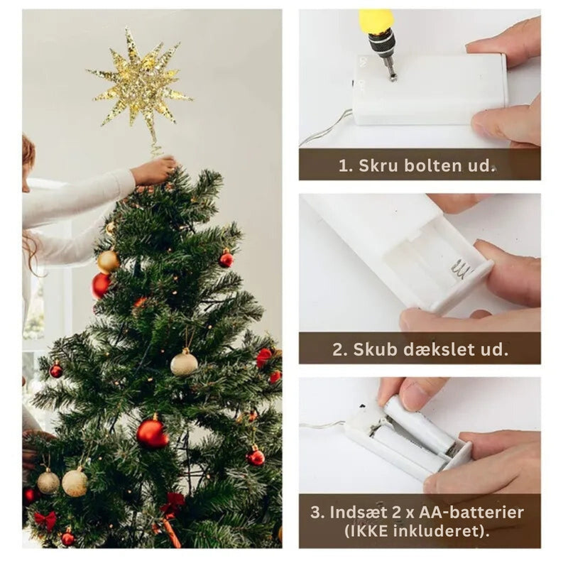 TwinkleGlow - LED Star Tree Topper Med Varmt Lys og Nem Opsætning