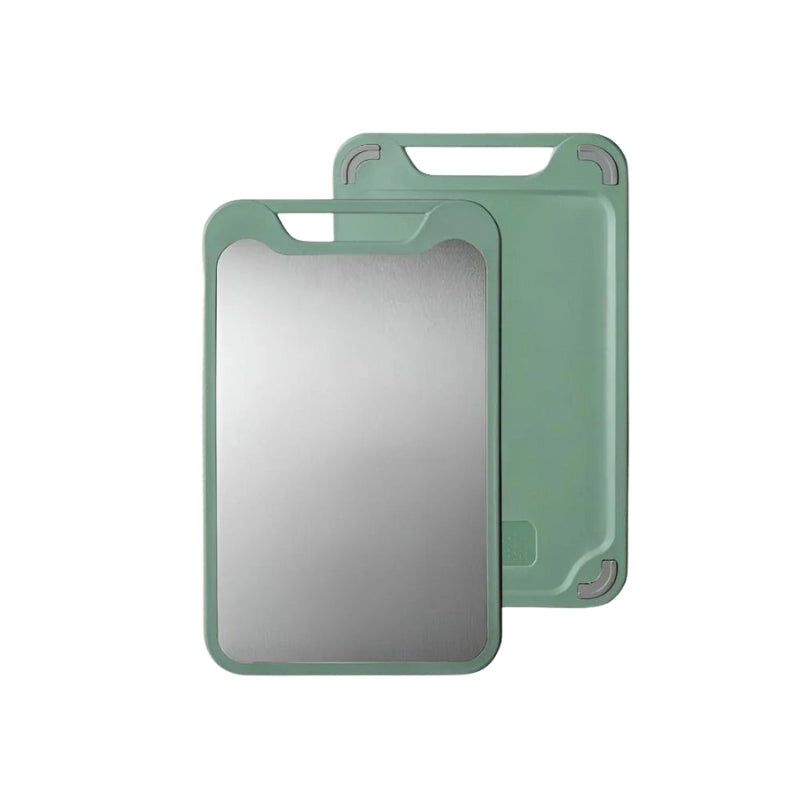 SliceMate – Dobbelt-sidet skærebræt med hvidløgskværn og overflade i rustfrit stål