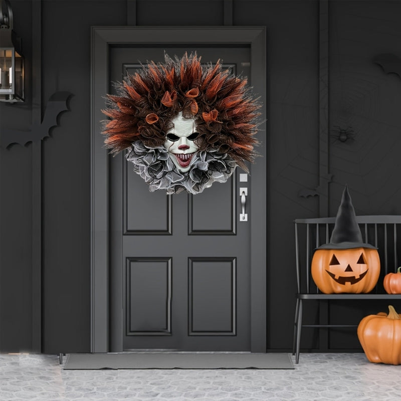 ClownFright - Halloween Dørkrans med Uhyggeligt Klovnenet Design