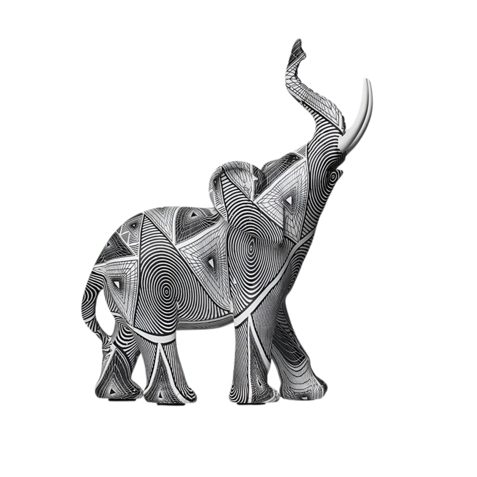 SpiralMajesty – Sort Hvid Elefantfigur med Kunstnerisk Spiraldesign