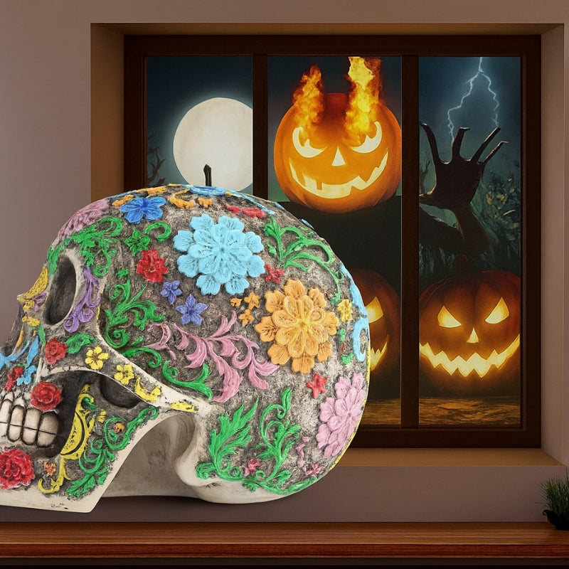 GraveEcho – Halloween kraniedekoration med knoglehvid finish