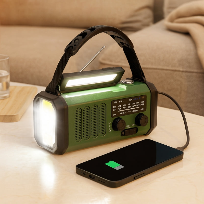 EmergencyGear – Solar Håndsvingradio med LED-lygte og Indbygget Powerbank
