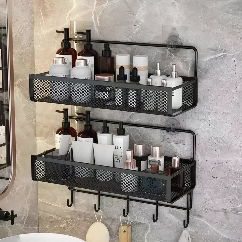 ShelfOra – Væghængte Kosmetikhylder med Kroge til Pladsbesparende Badeværelsesopbevaring