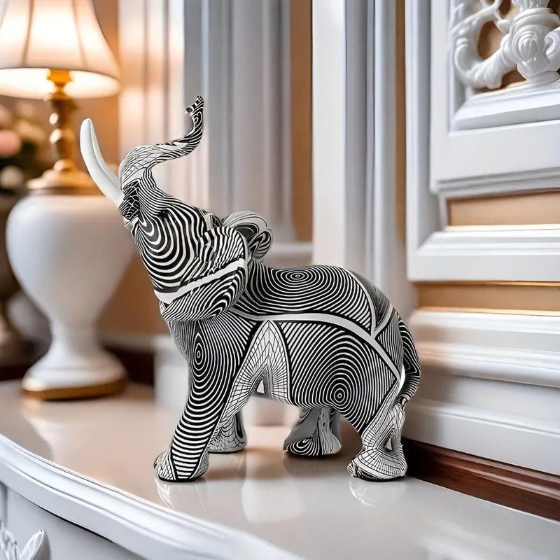 SpiralMajesty – Sort Hvid Elefantfigur med Kunstnerisk Spiraldesign