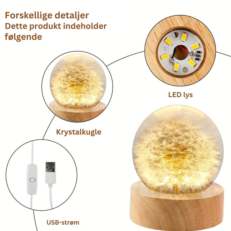 FluffGlow - LED Krystalkuglelampe Med Elegant Træfod