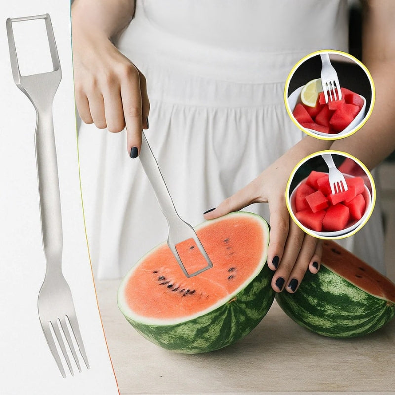JuiciCube – To-i-en melonskærer og gaffel til ubesværet frugttilberedning