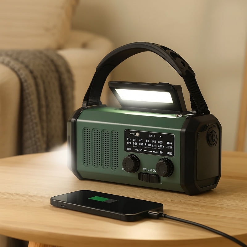 EmergencyGear – Solar Håndsvingradio med LED-lygte og Indbygget Powerbank