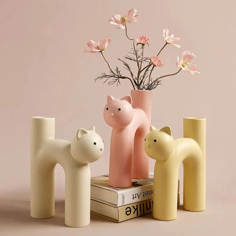 WhimsiCat – H-formet Keramisk Kattevase i Flere Farver til Legende Borddekoration