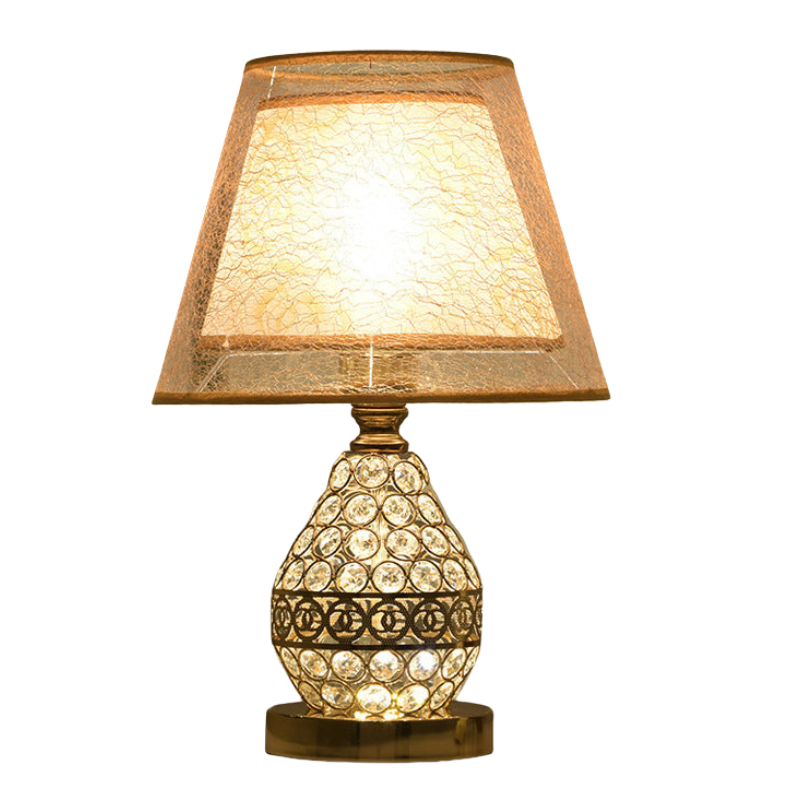 GoldenLuxe – Bordlampe med trommeskærm i stof og krystal på jernfod
