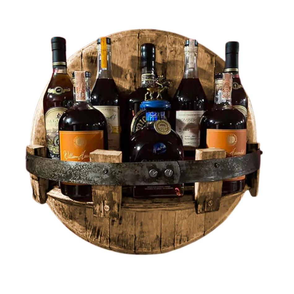 BarrelNest – Rund Væg­hylde med Tønde­formet Flaske­display