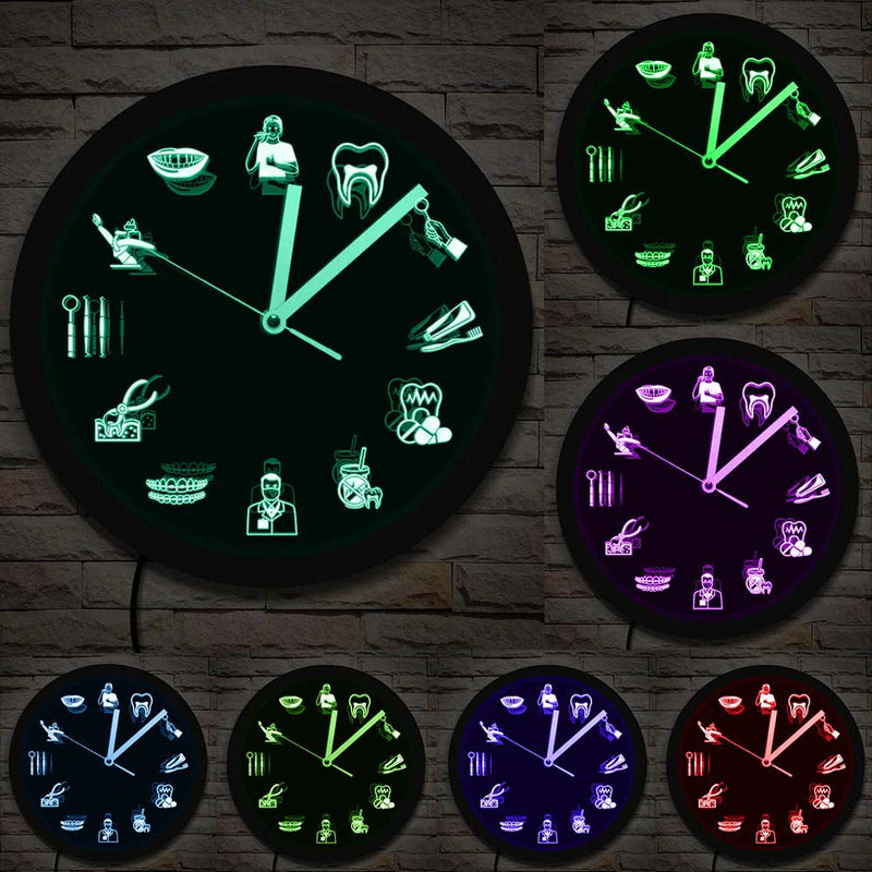 PrecisionTime – Elegant LED-vægur med design af tandlægeudstyr og flerfarvet lys