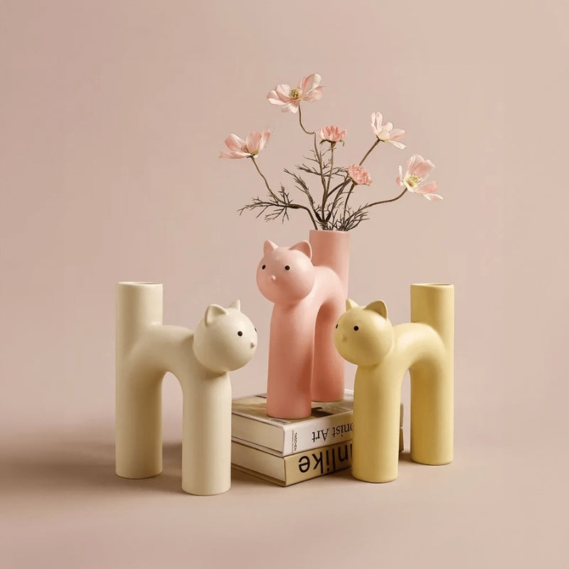 WhimsiCat – H-formet Keramisk Kattevase i Flere Farver til Legende Borddekoration
