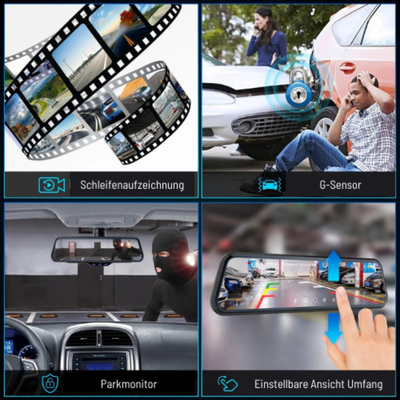 VisionRide – Smart spejlkamera med 4K-opløsning, bilspil, Android Auto og sikkerhedsadvarsler