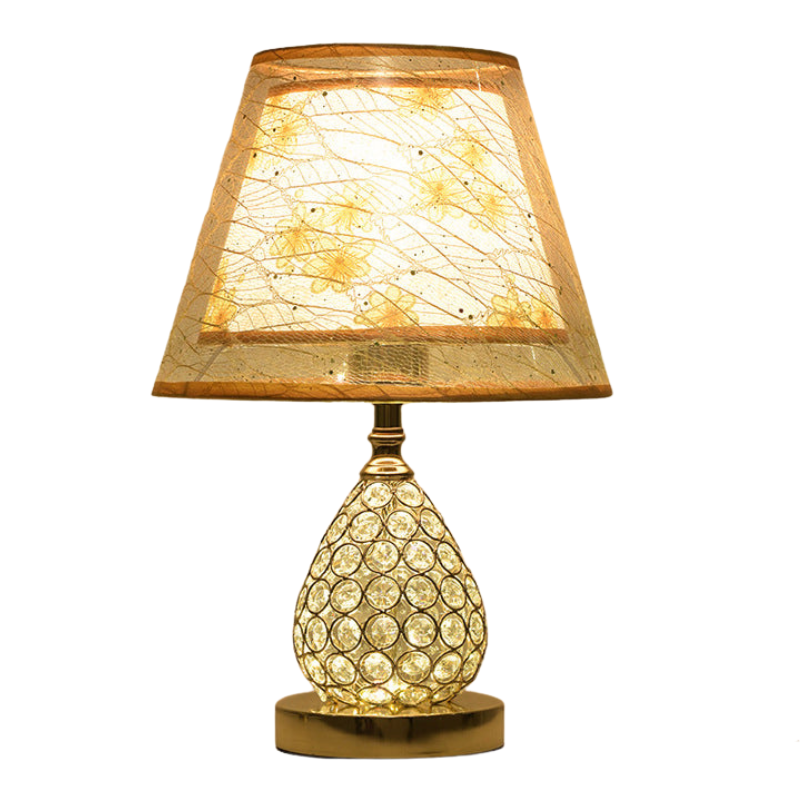 GoldenLuxe – Bordlampe med trommeskærm i stof og krystal på jernfod