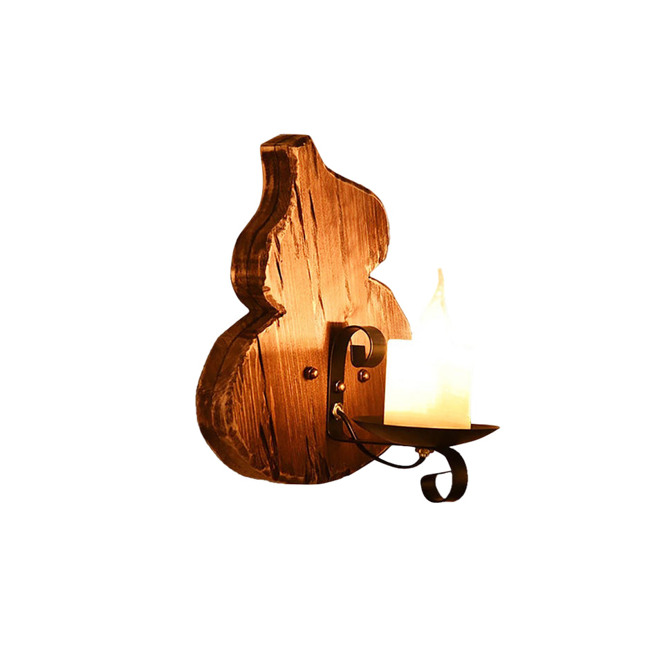 EpochLite – Vintage væglampe i træ og metal med kalabasform og lysestage