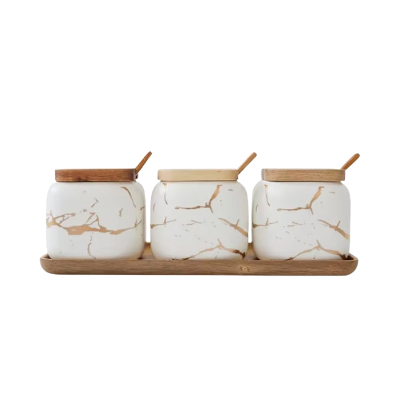 MarbleNest – Porcelæns Krydderiglas Sæt med Lufttætte Låg og Træbakke