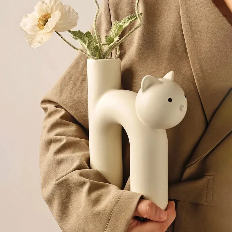 WhimsiCat – H-formet Keramisk Kattevase i Flere Farver til Legende Borddekoration