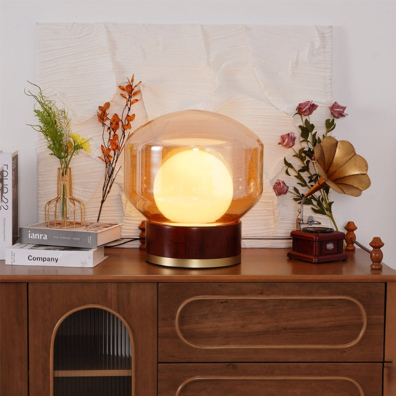 LumiCraft – Håndlavet glasbordlampe med træfod