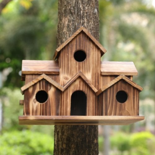 AviaryHaven – Håndlavet rustikt fuglehus i træ med seks indgange og naturlig finish