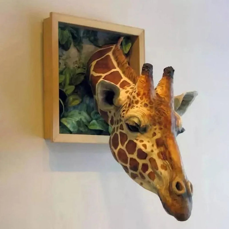TallVista – 3D Giraf Vægkunst med Skulptureret Hoved, der Strækker sig fra Indrammet Junglescene
