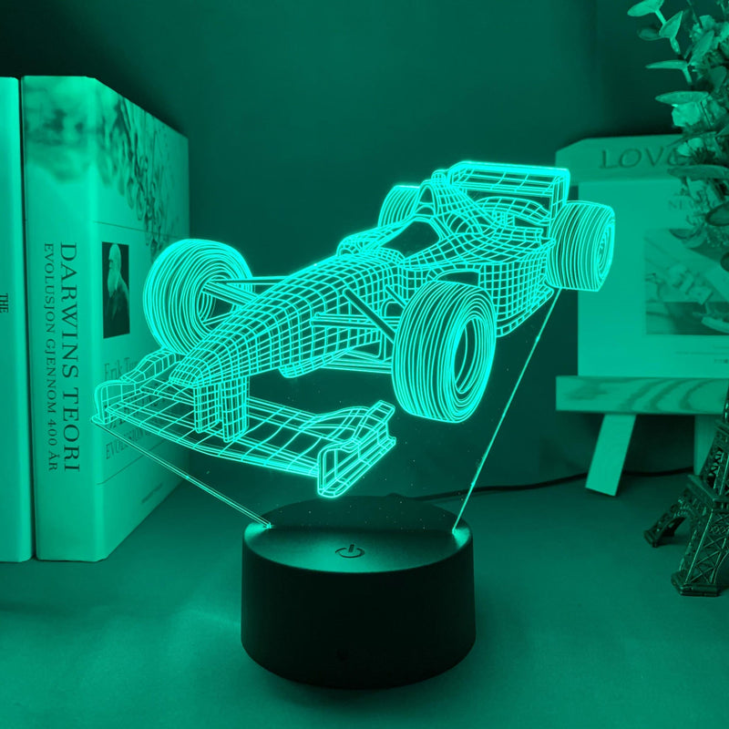 SpeedGlow – 3D Formel 1-racerbillampe med 7-farvet LED-tilstand og fladt design