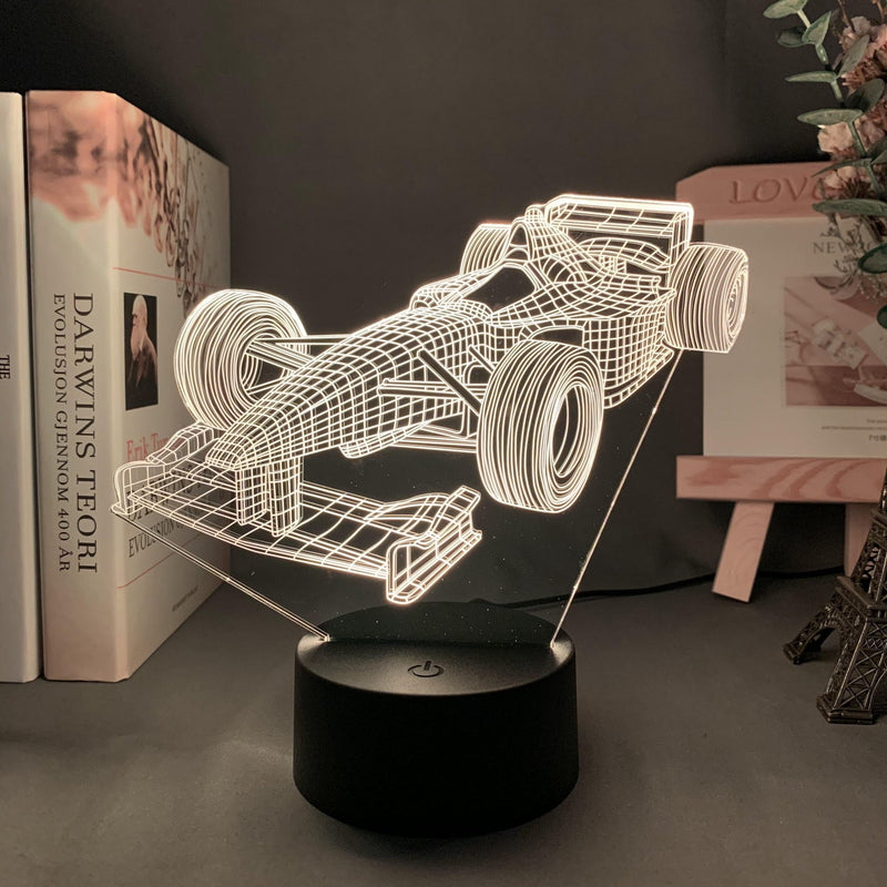 SpeedGlow – 3D Formel 1-racerbillampe med 7-farvet LED-tilstand og fladt design