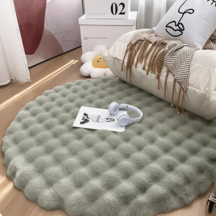 CozyNest – Dekorativt rundt tæppe med hævet boblemønster og plysoverflade