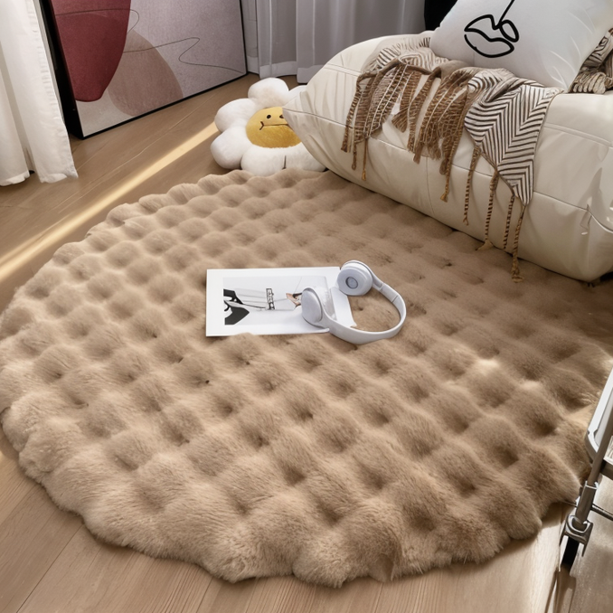 CozyNest – Dekorativt rundt tæppe med hævet boblemønster og plysoverflade