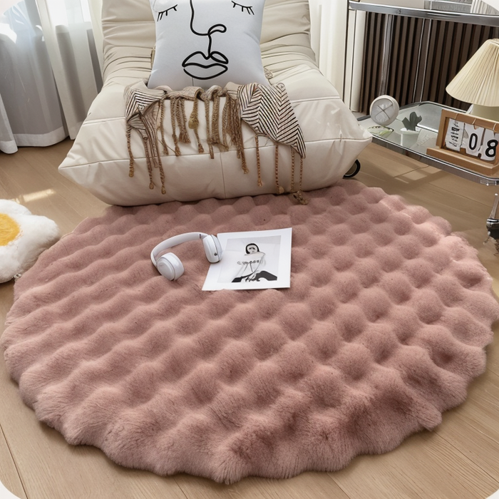 CozyNest – Dekorativt rundt tæppe med hævet boblemønster og plysoverflade