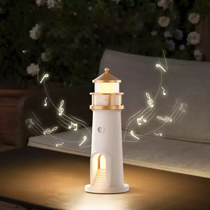 LighthouseGlow - Elegant højttalerlampe med natlys og måneskinsprojektion