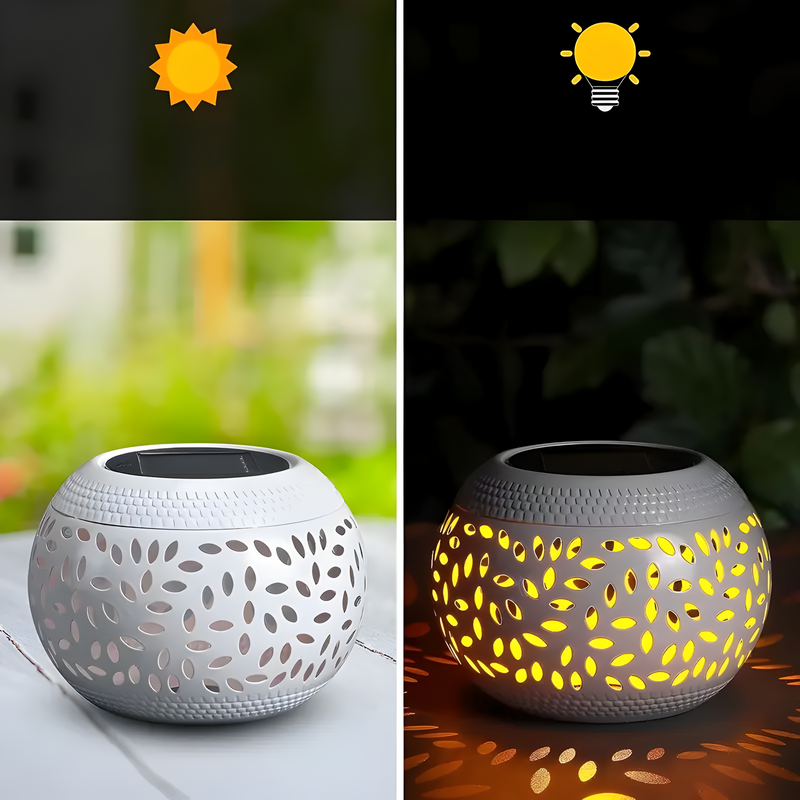 GlowWeave - Solcelledrevet bordlampe med hult udskåret mønster