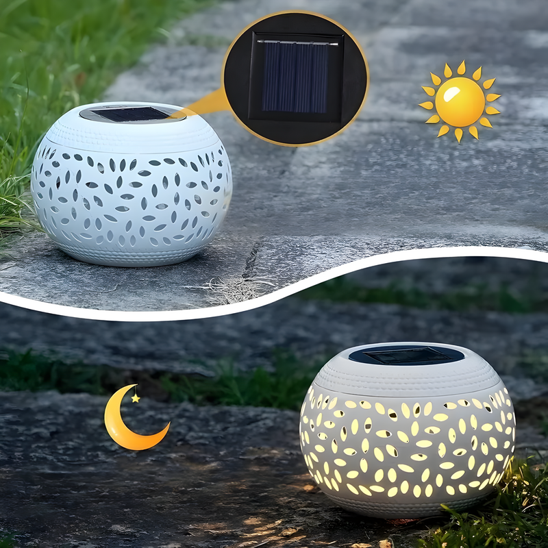 GlowWeave - Solcelledrevet bordlampe med hult udskåret mønster