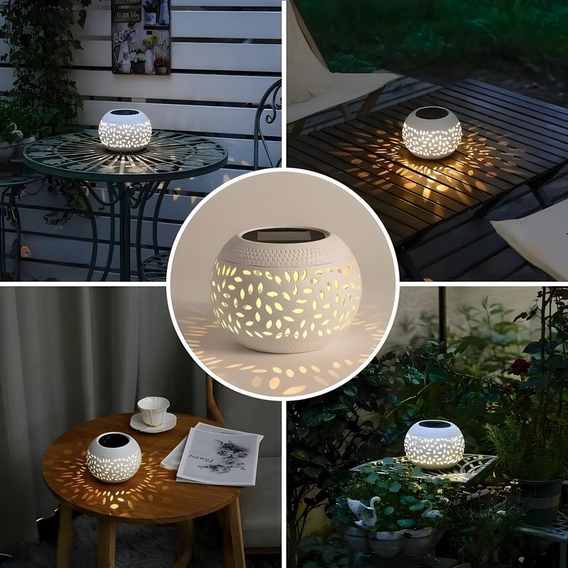 GlowWeave - Solcelledrevet bordlampe med hult udskåret mønster