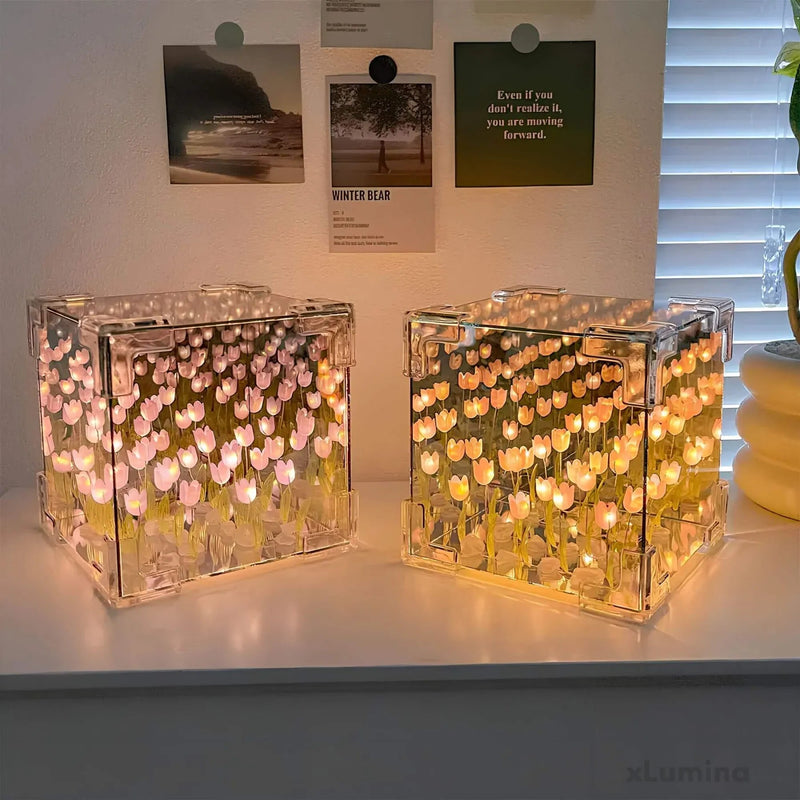 BloomAura - LED-gaveæske med lysende silkeblomsterarrangement