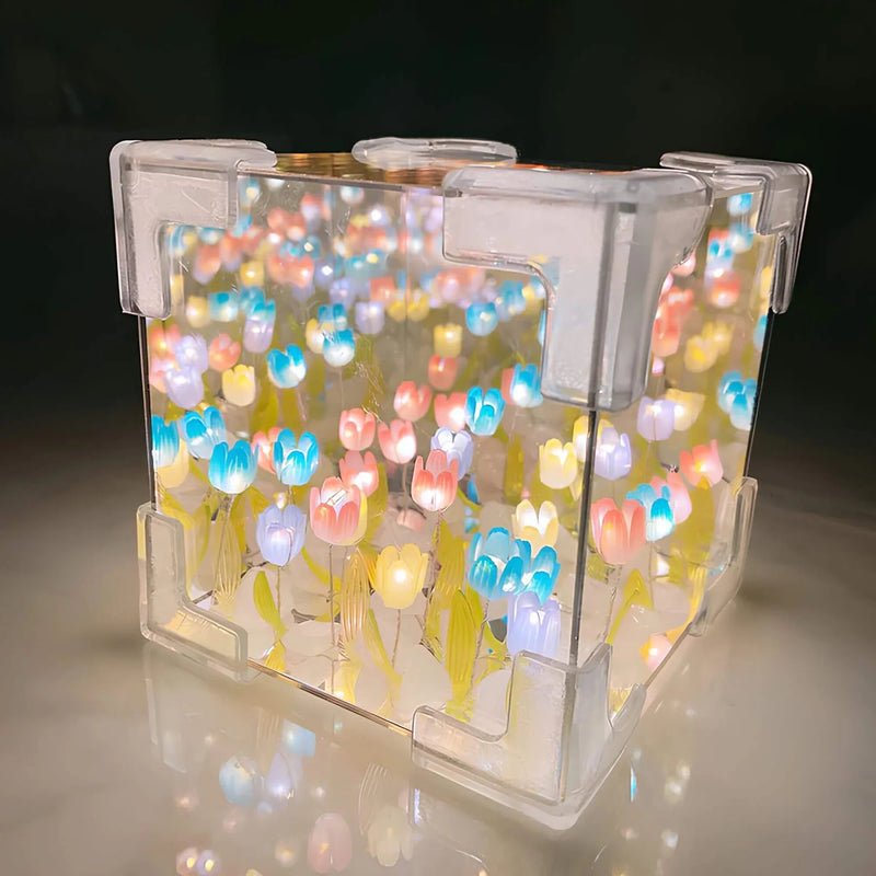 BloomAura - LED-gaveæske med lysende silkeblomsterarrangement