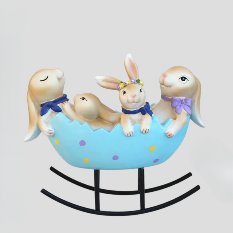BunnyCharm – Påskehare-ornament i harpiks med gyngende æg og pastelfinish