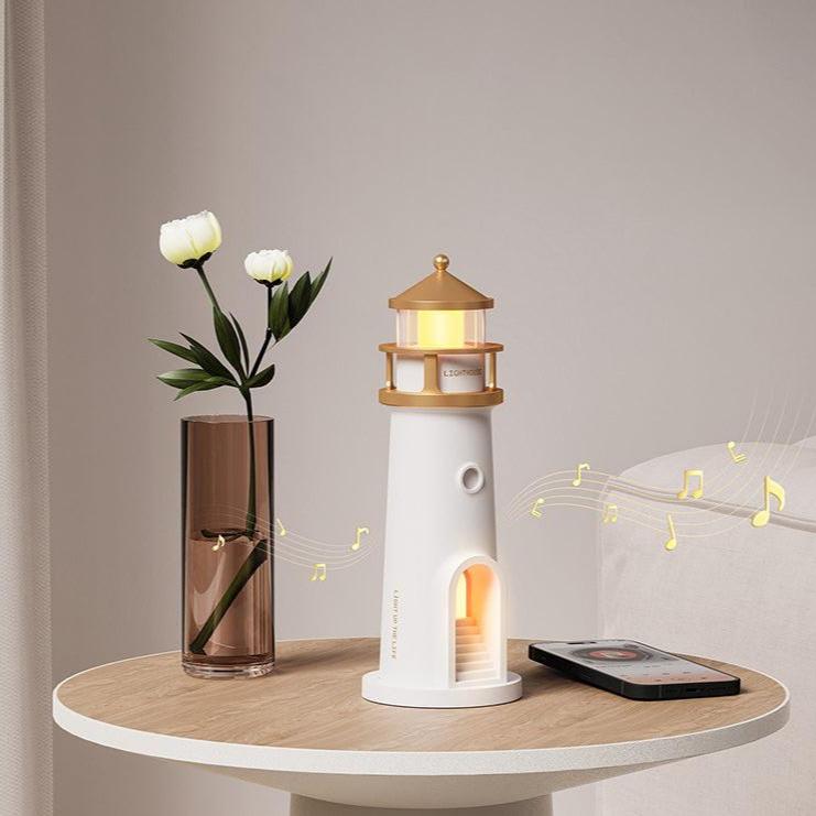 LighthouseGlow - Elegant højttalerlampe med natlys og måneskinsprojektion