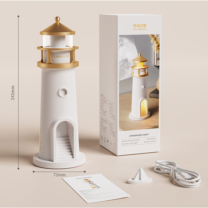 LighthouseGlow - Elegant højttalerlampe med natlys og måneskinsprojektion