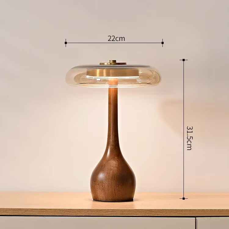 WoodenBliss - Bordlampe i svampelignende stil med glasskærm for en retro-inspireret atmosfære