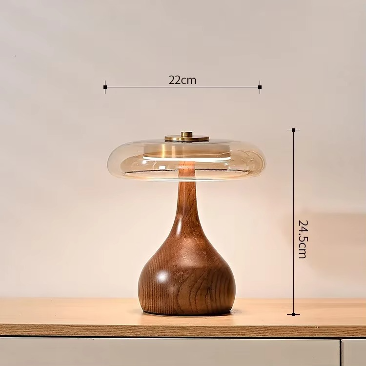 WoodenBliss - Bordlampe i svampelignende stil med glasskærm for en retro-inspireret atmosfære