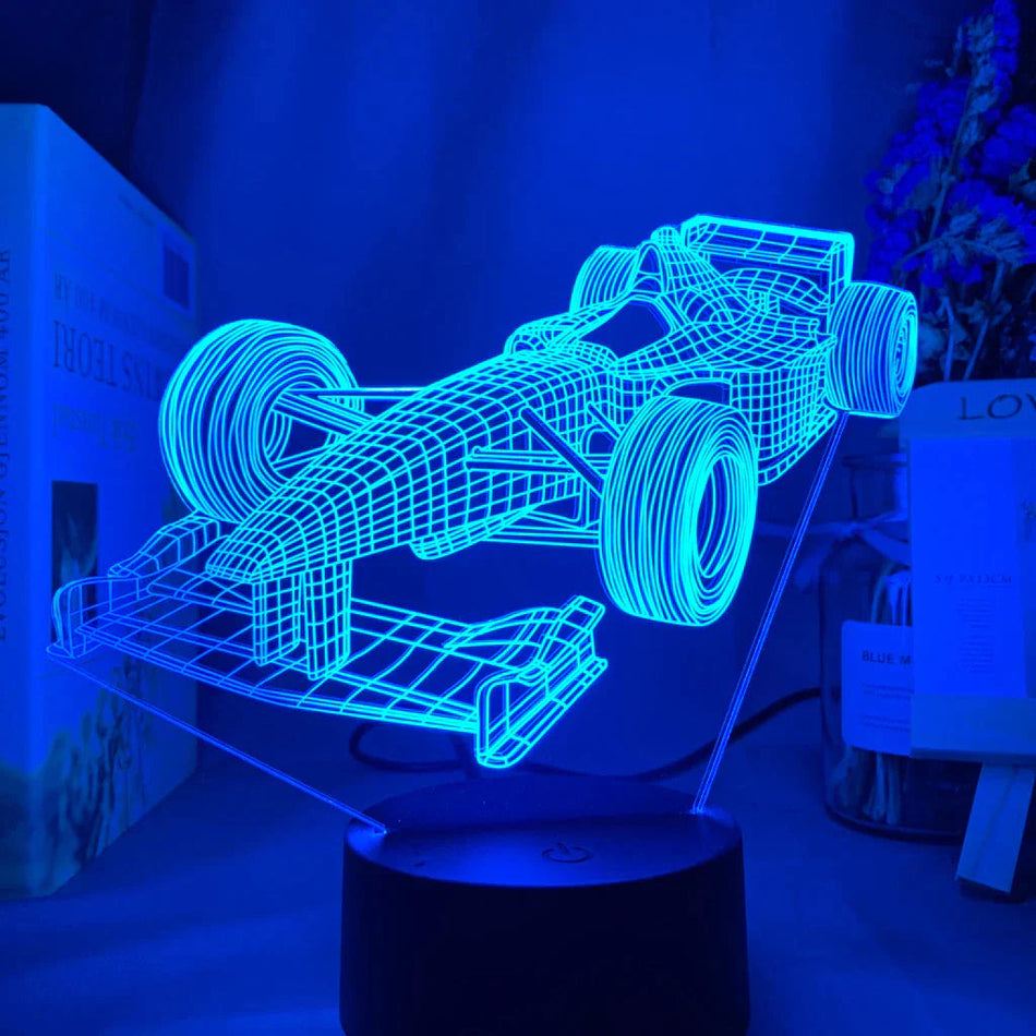 SpeedGlow – 3D Formel 1-racerbillampe med 7-farvet LED-tilstand og fladt design