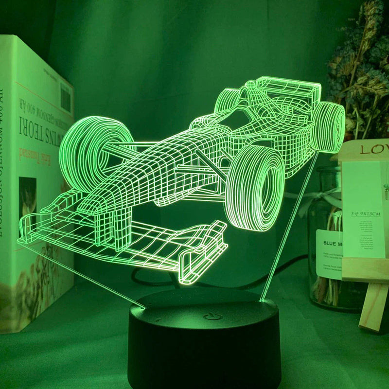 SpeedGlow – 3D Formel 1-racerbillampe med 7-farvet LED-tilstand og fladt design